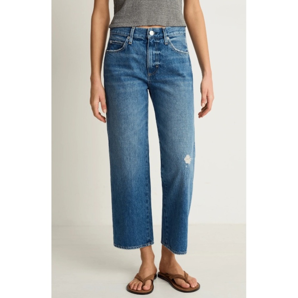 AMO Billie Jeans Blue Denim High Rise Straight Leg Medium Wash Distressed Sz 30